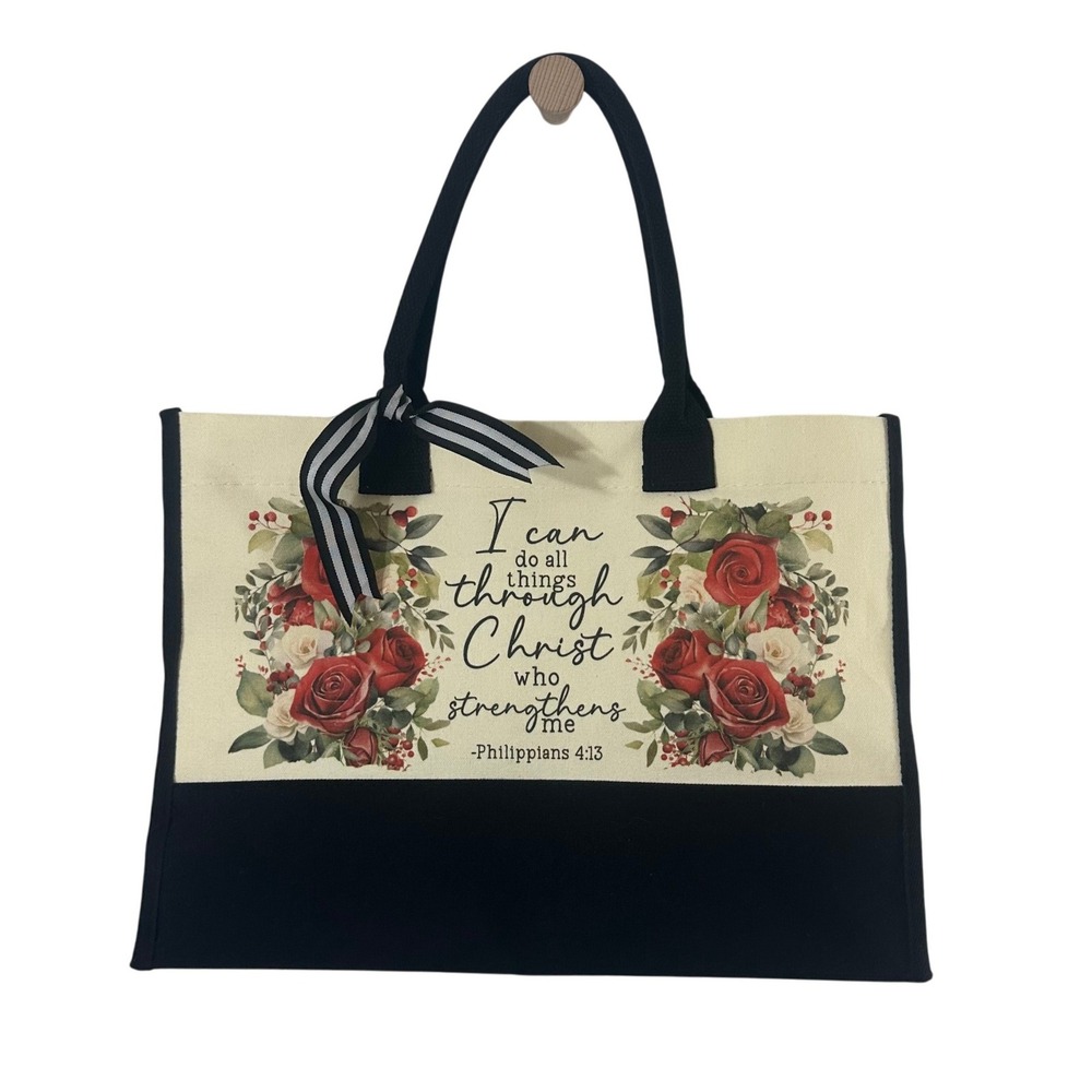 Philippians 4:13 Bible Verse Floral Rose Canvas Tote Bag Black Cream Rose Print